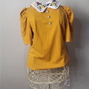 SHEIN Yellow Puff Sleeve Buttoned Blouse with Peter Pan Collar